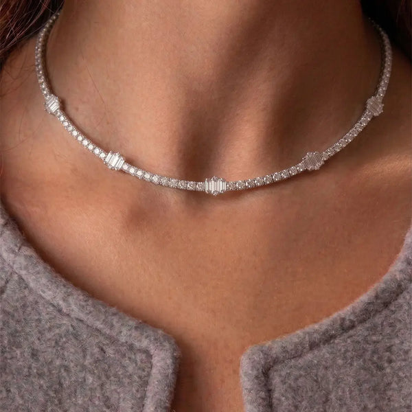 Lab Grown Diamond Baguette Diamond Choker Necklace in White Gold – Side View | JAUR