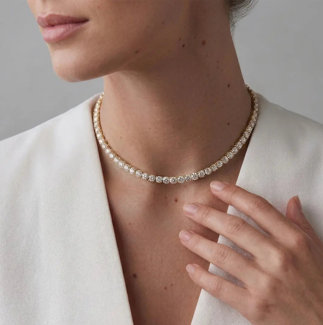 Lab Grown Diamond Classic Round Diamond Tennis Necklace in Yellow Gold – View 3 | JAUR