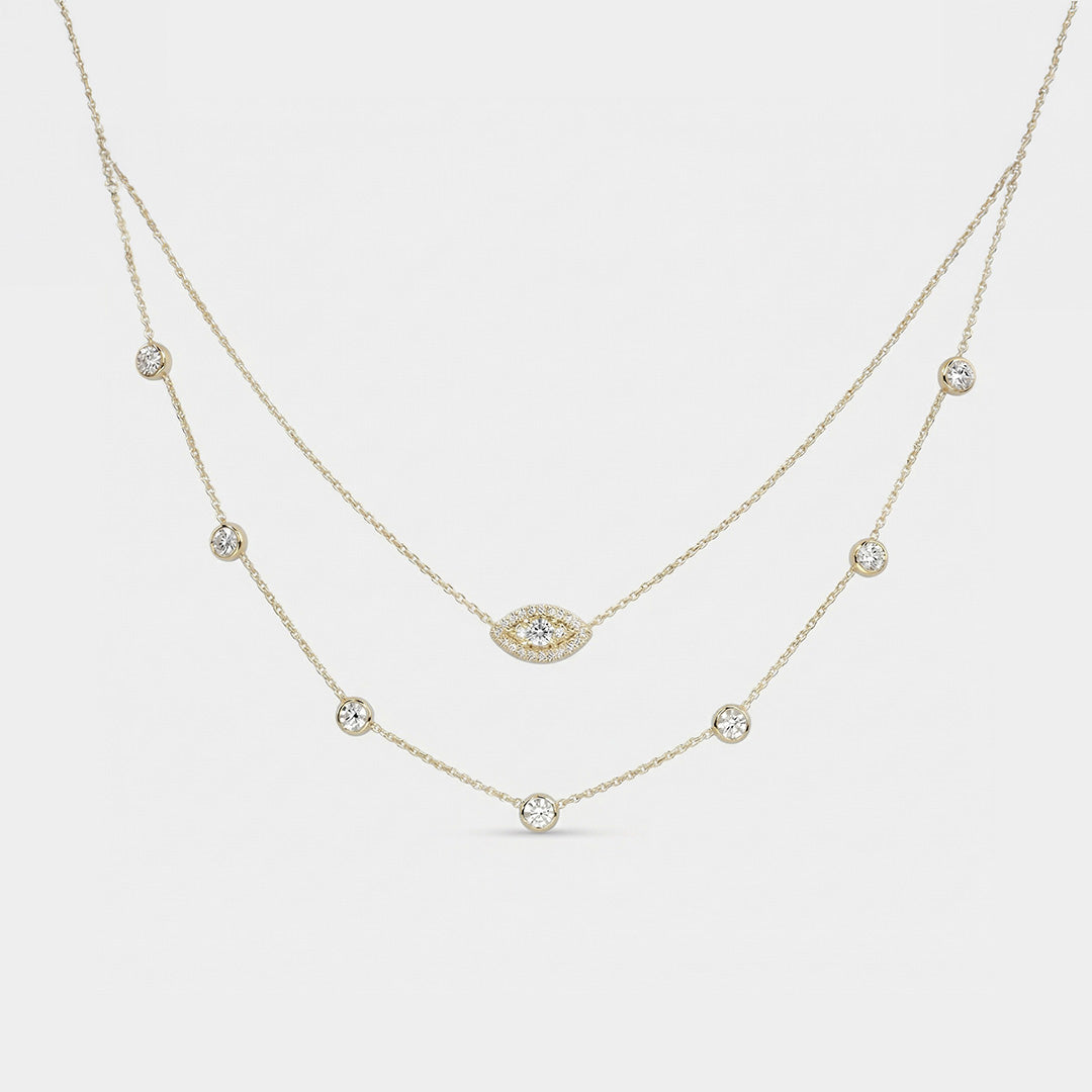 Lab Grown Diamond Marquise Diamond Layered Necklace in Yellow Gold – Front View | JAUR