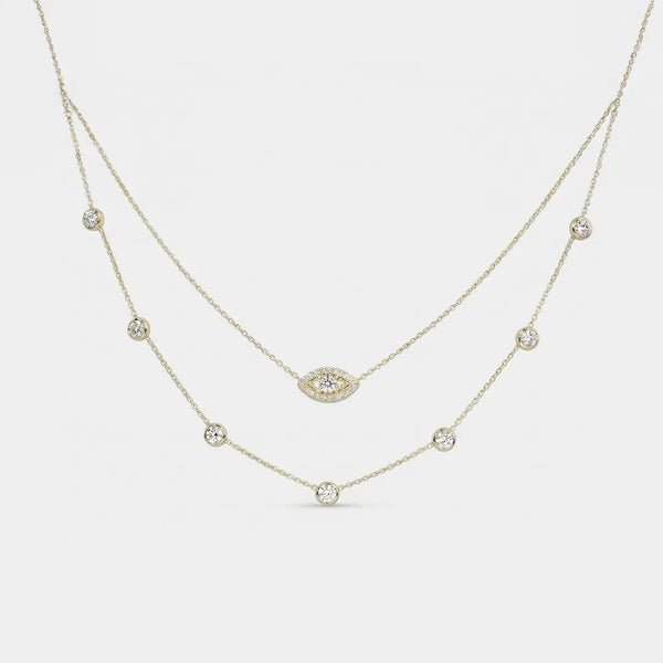 Lab Grown Diamond Marquise Diamond Layered Necklace in Yellow Gold – Front View | JAUR