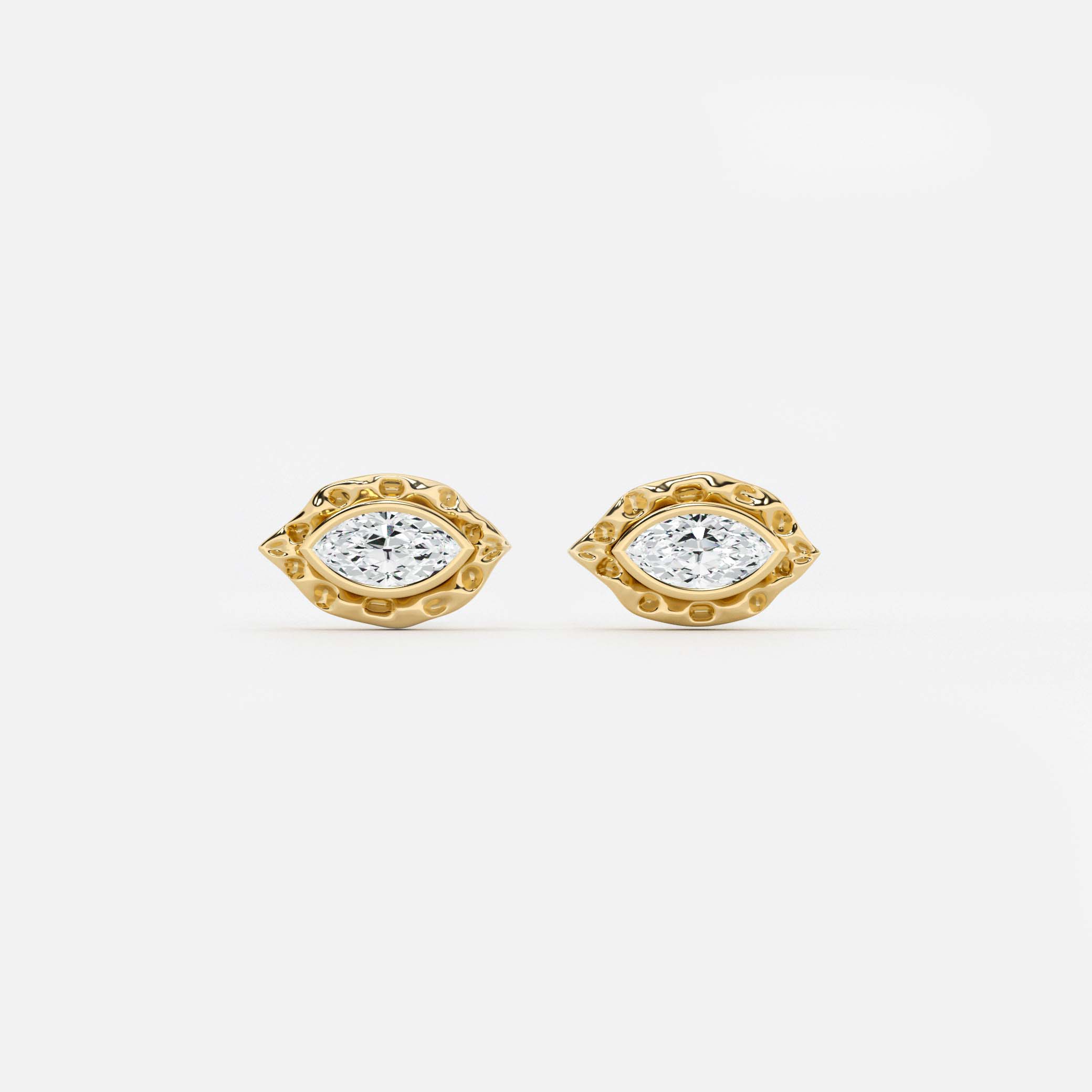 Lab Grown Diamond Marquise Textured Organic Earring in Yellow Gold – Front View | JAUR
