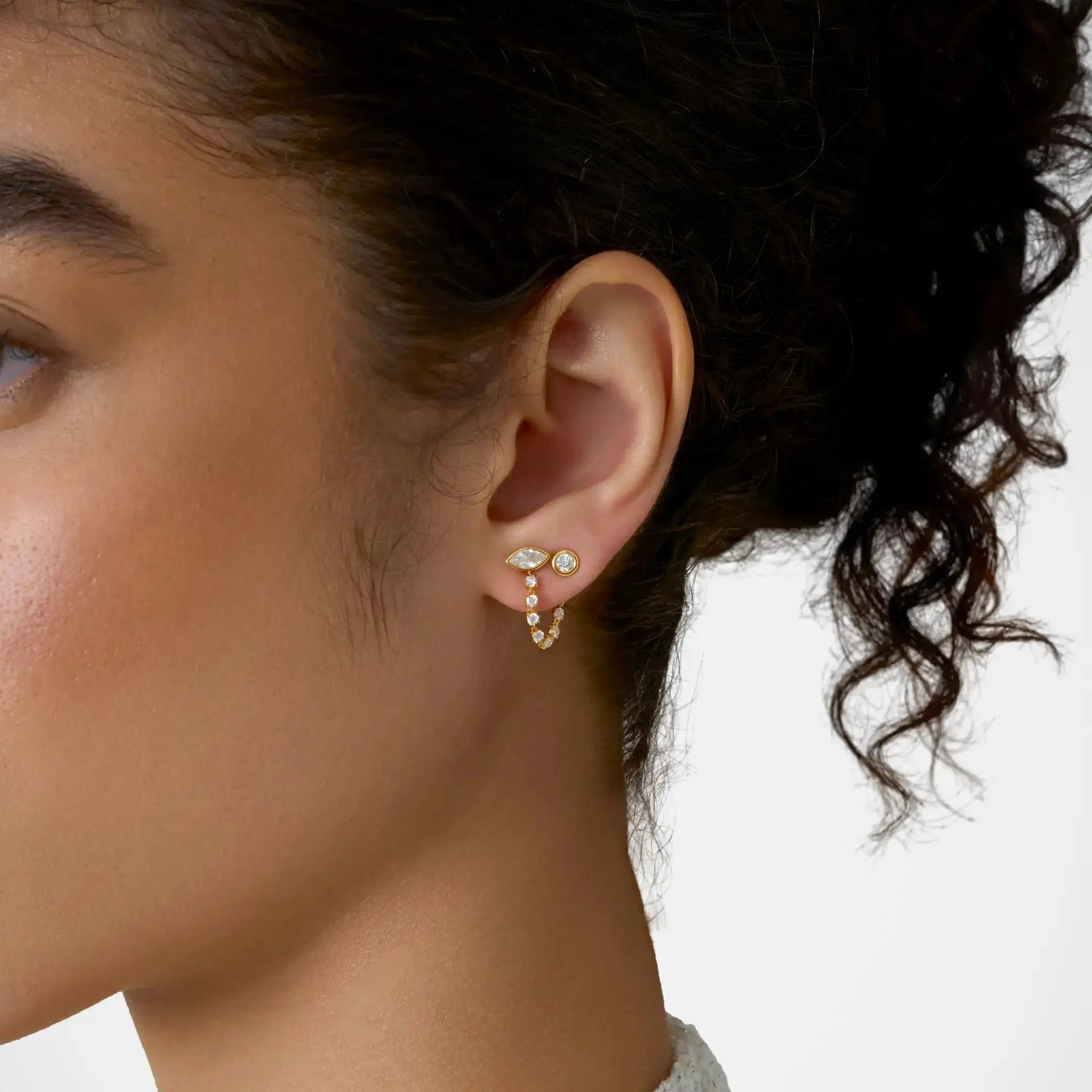 Lab Grown Diamond Mini Diamond Dangle Earring - Marquise Base in Yellow Gold – Side View | JAUR