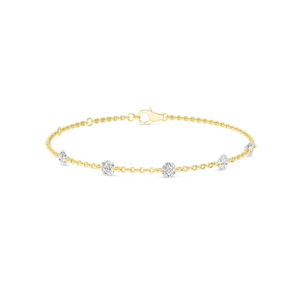 Lab Grown Diamond Round Floating Diamond Station Bracelet in Yellow Gold – Front View | JAUR