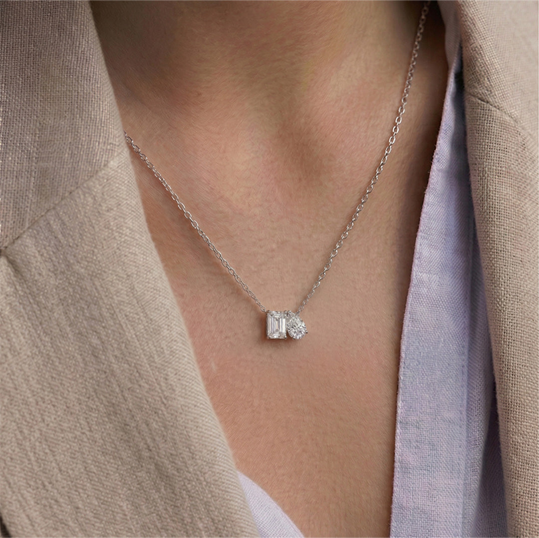 Lab Grown Diamond Toi Et Moi Necklace in White Gold – Side View | JAUR