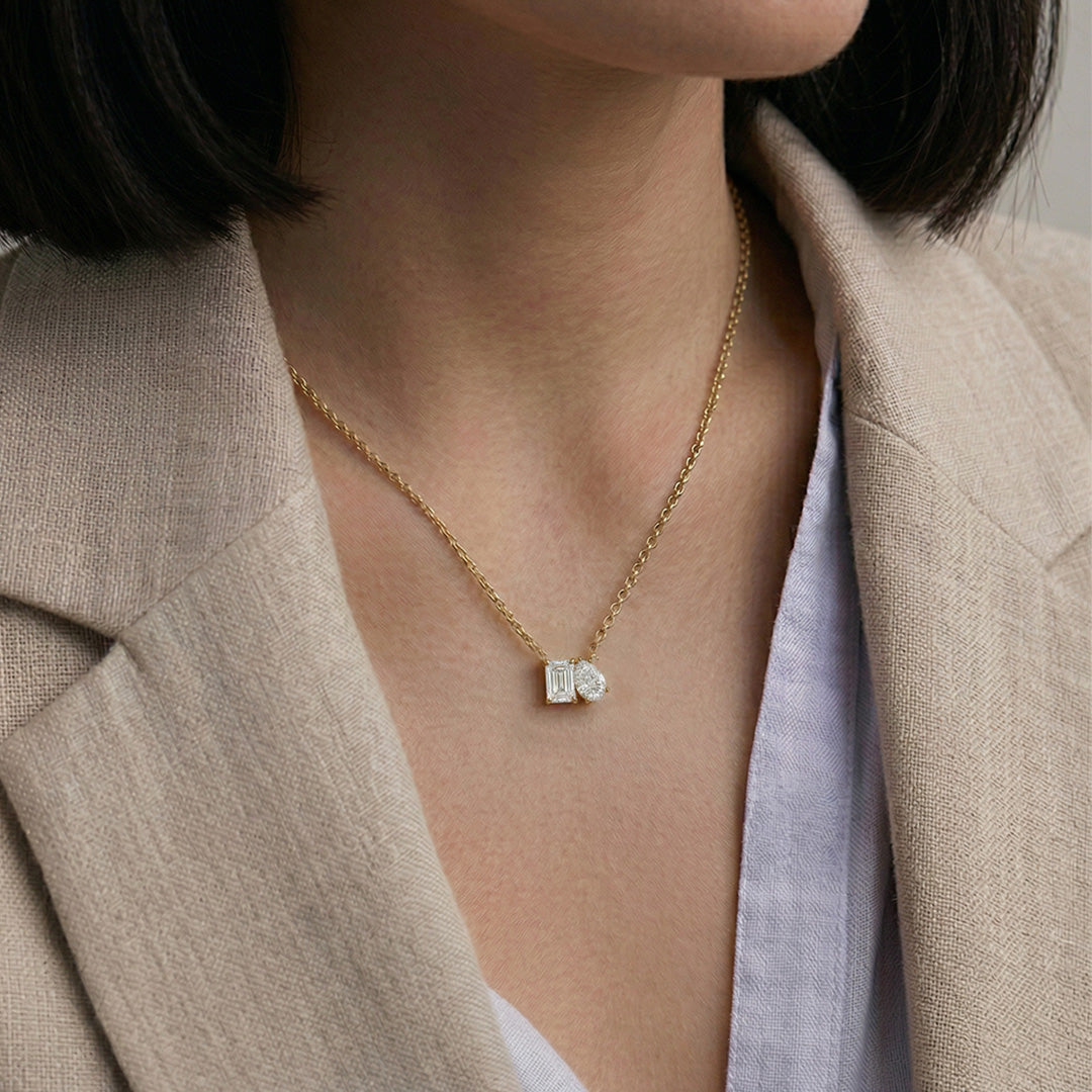 Lab Grown Diamond Toi Et Moi Necklace in Yellow Gold – Side View | JAUR