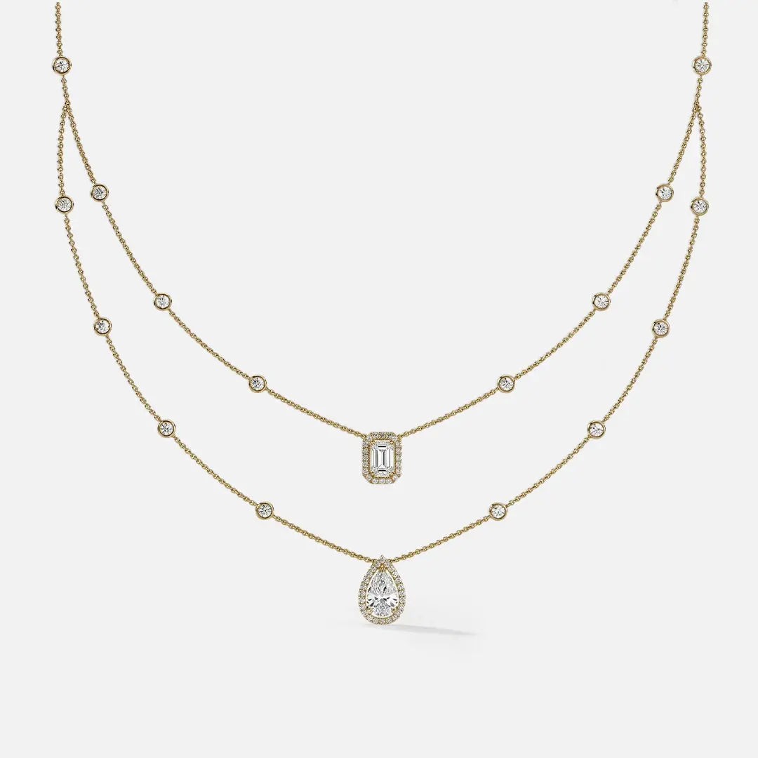 Lab Grown Diamond Two Row Serenity Necklace in Yellow Gold – Front View | JAUR
